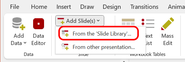 Adding slides from the Presento Ribbon Tab