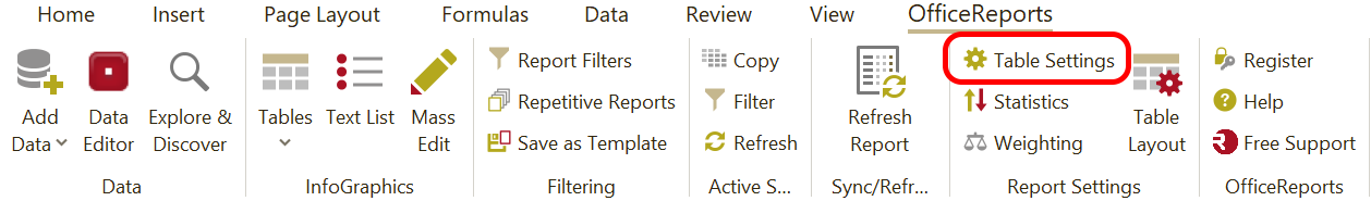 Table Settings in the OfficeReports Ribbon Tab