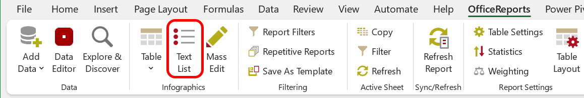 Text-Lists in the OfficeReports Ribbon Tab