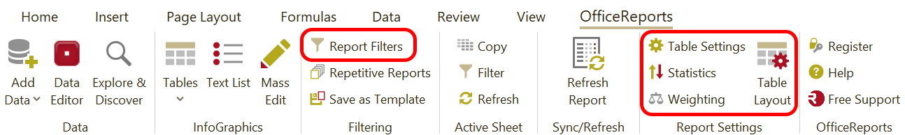Report Settings in the OfficeReports Ribbon Tab