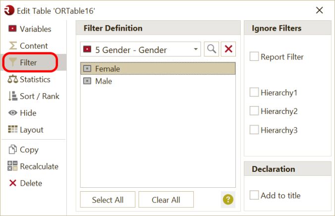 Filter in Table Definition Form