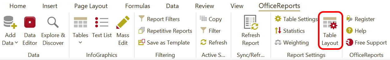 Table Layout Settings in the OfficeReports Ribbon Tab